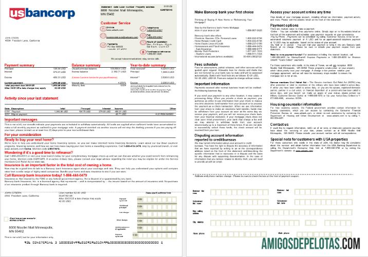 Extrato de hipoteca do USA Bancorp Bank em formatos Word e PDF, 2 páginas exemplo real